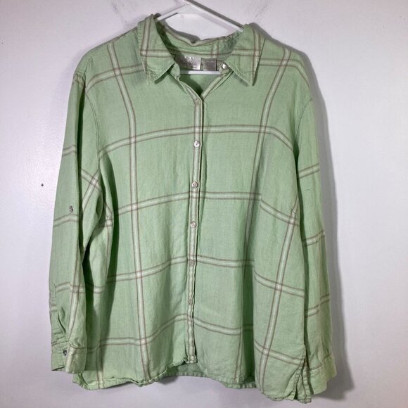 Womens Studio Works Linen Plaid Button Shirt Long Sleeve Green Brown 2X - Picture 1 of 7